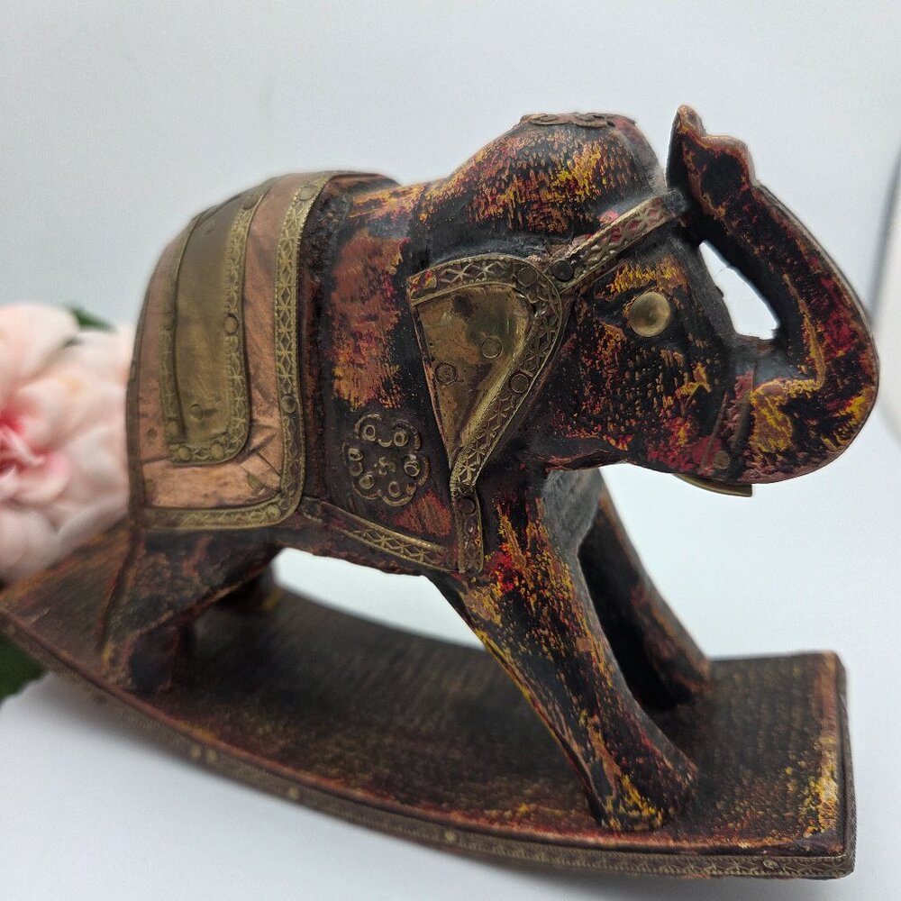 Vintage Rocking Elephant Hand Carved Brass Copper Wooden Made in India
